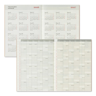 Two pages from a planner or notebook showing calendar and checklists for the years 2026 and 2027.