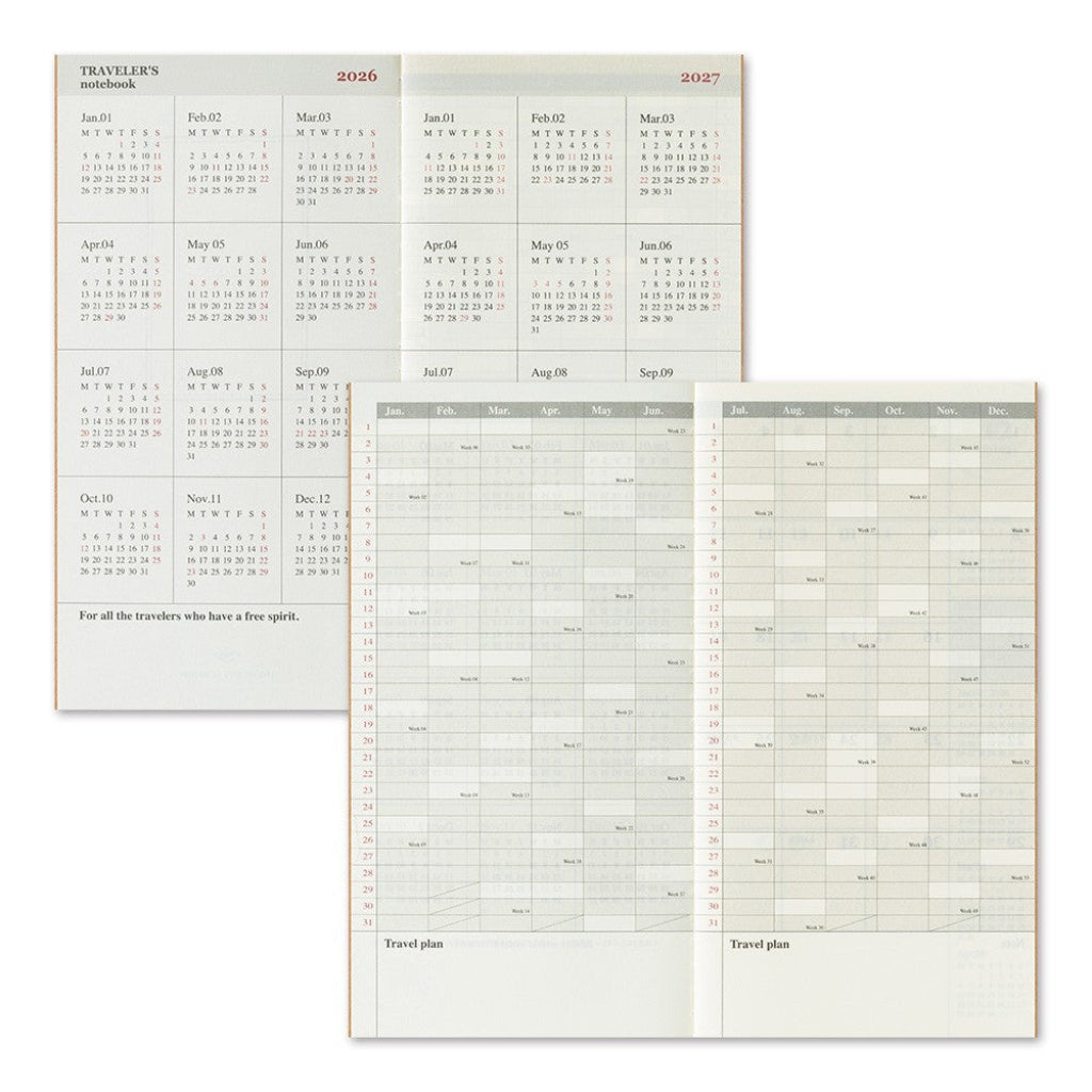 Calendar and travel planner with monthly views and travel plan sections on a white background