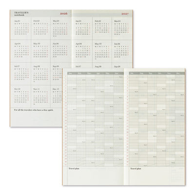 Calendar and travel planner with monthly views and travel plan sections on a white background