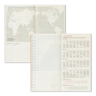 Two pages from a planner or notebook with world map and travel plan sections.