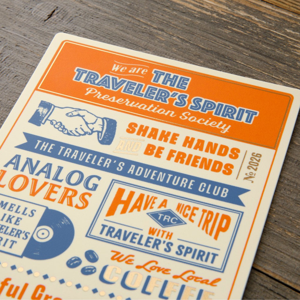 Vintage-style flyer for The Traveler's Spirit Preservation Society on a wooden surface