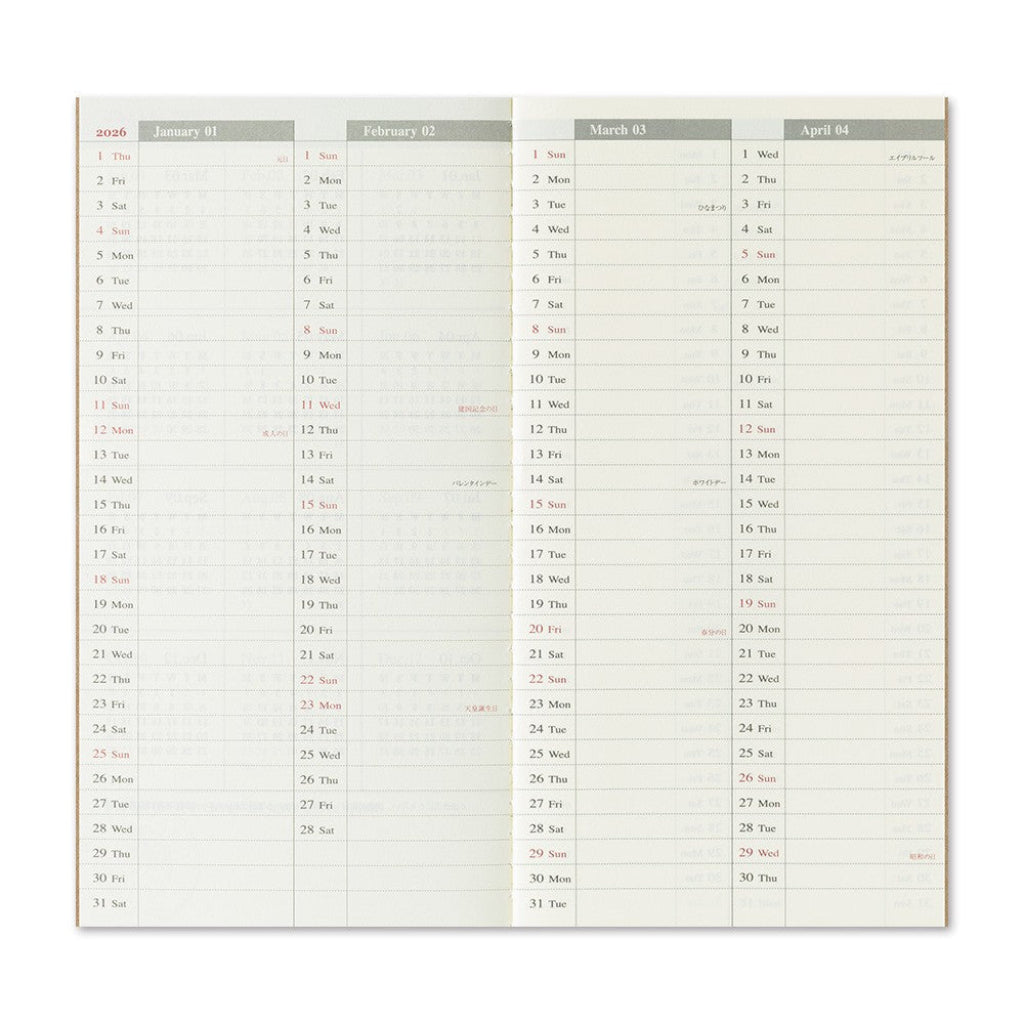 Calendar grid for January to April on a white background