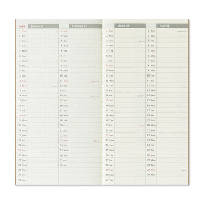 Calendar grid for January to April on a white background