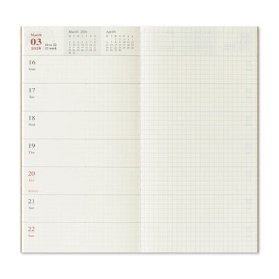 Calendar and grid notebook page on a white background