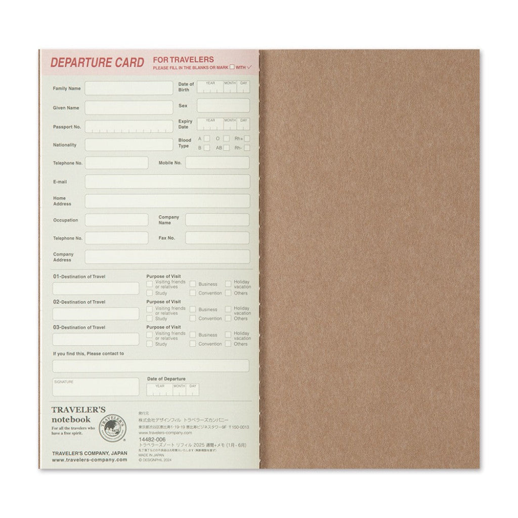 Traveler's notebook with departure card insert on a white background