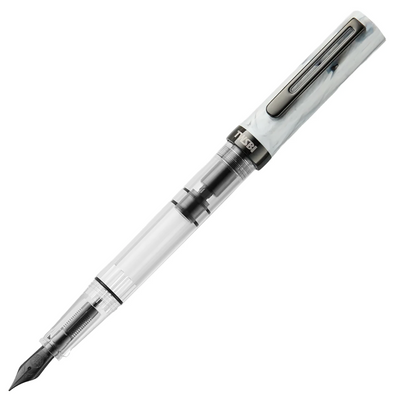 Fountain pen with transparent body and silver accents on a white background