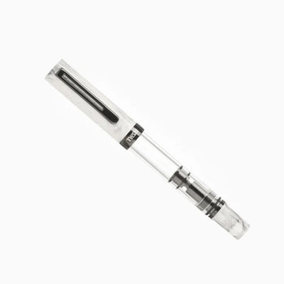 Clear pen with silver accents on a white background