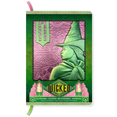 Wicked-themed reversible journal in packaging with green and pink design