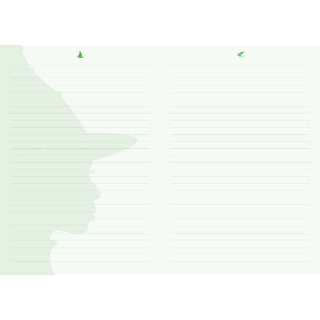 White lined notebook pages with green accents on a white background