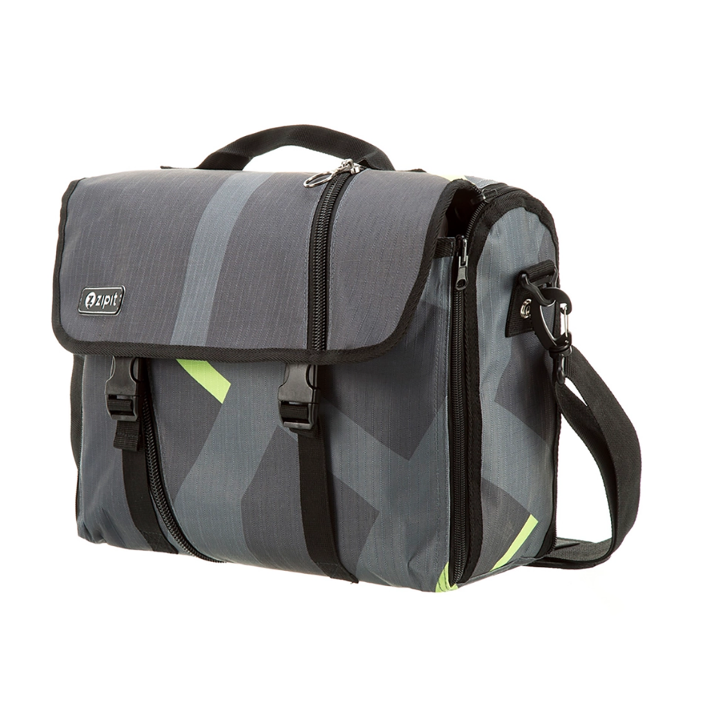 A reversible messenger laptop bag in gray and black with a geometric pattern, featuring a front zipper pocket and a detachable strap.