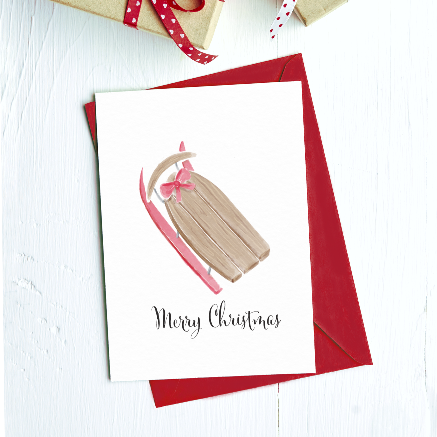 Merry Christmas Wooden Sled Greeting Card