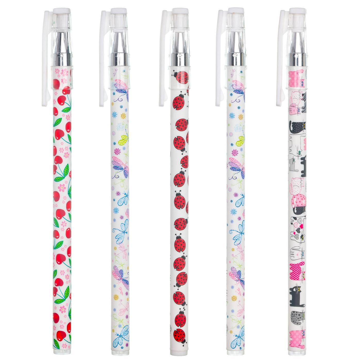 HappyWrite 5 Pack Ballpoint Pens, 0.5mm, Ladybugs, Cherries, Butterflies