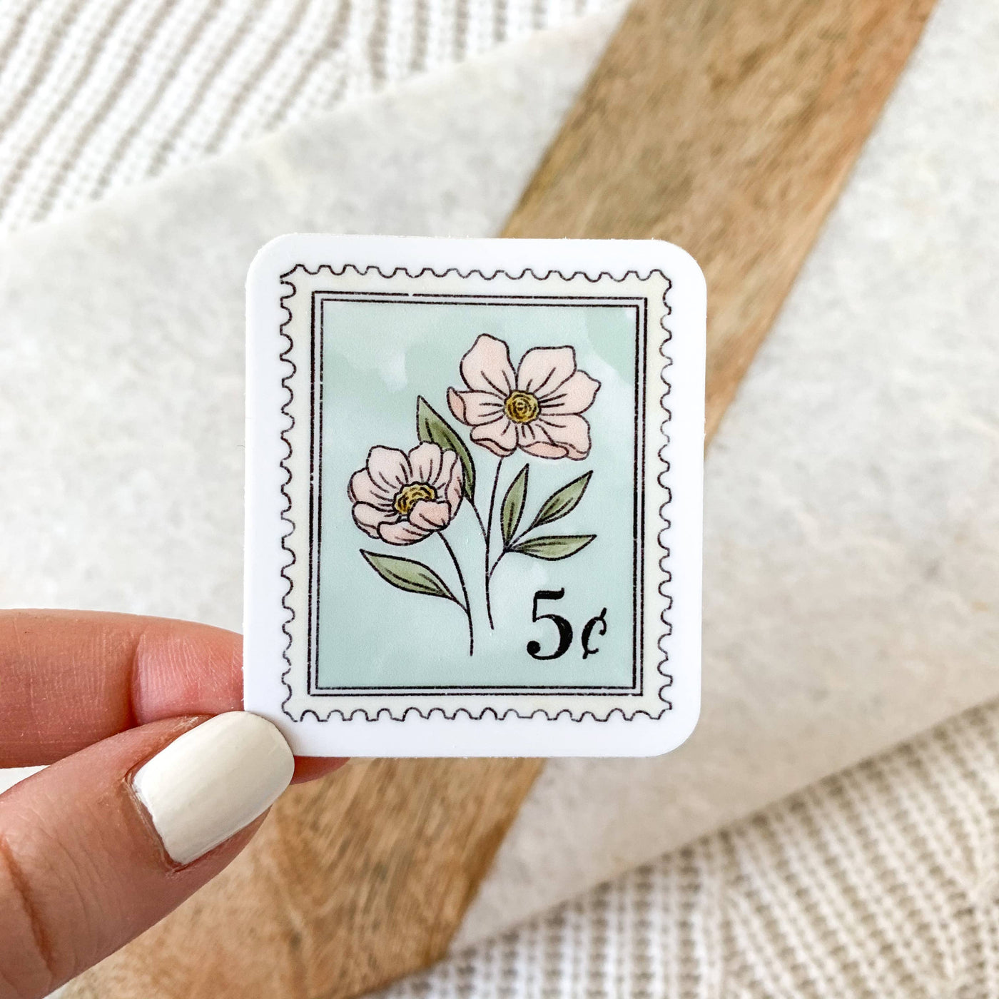 Light Blue Floral Stamp Sticker 2x1.75in