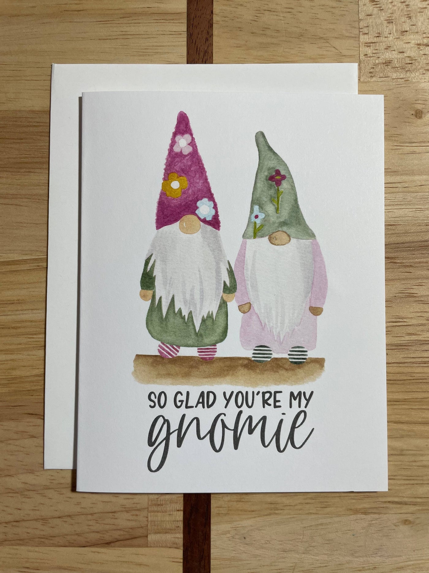 Tarjeta de Amistad en acuarela "Me alegro de que seas mi Gnomie"